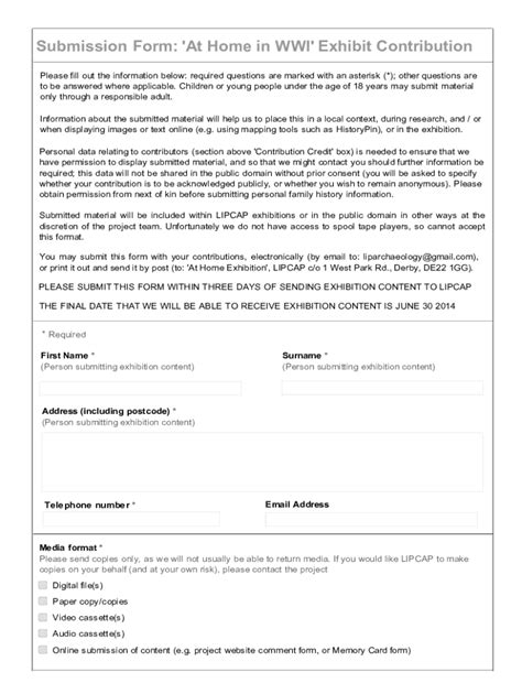 Fillable Online Submission Form At Home In Wwi Exhibit Contribution