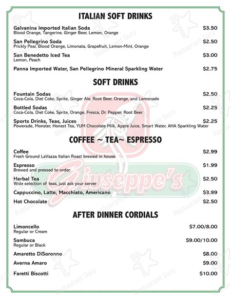 Menu at Giuseppe's restaurant, Newburyport