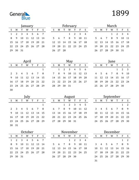 1899 Calendar (PDF, Word, Excel)