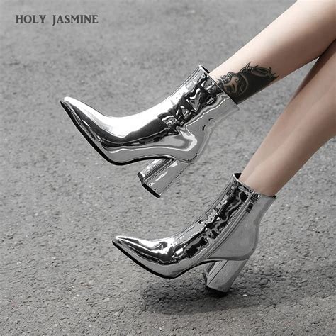 2019 New Sliver Gold Women Ankle Boots Pointed Toe Chunky High Heel