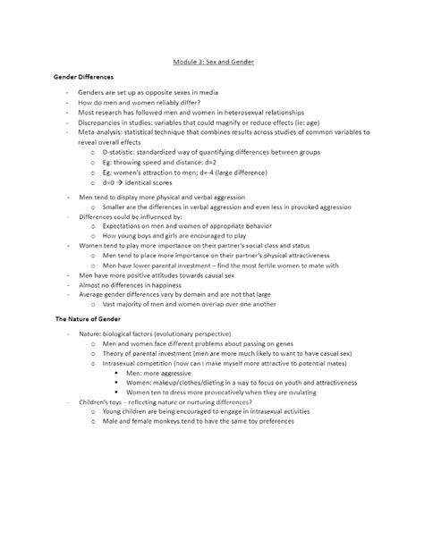 P354 Notes 1 6 Midterm 1 Notes Module 3 Sex And Gender Gender