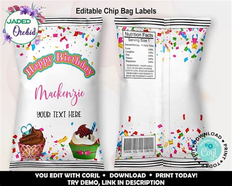 Birthday Party Chip Bag Editable Chip Bag Label Printable Etsy