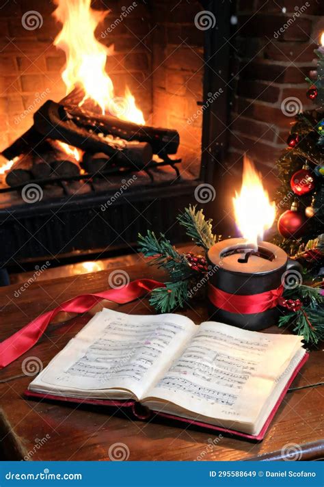 Christmas Carol Songbooks on a Wooden Table, with a Fireplace in the ...