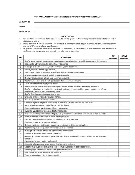 Test Para La Identificaci N De Intereses Vocacionales Y Profesionales