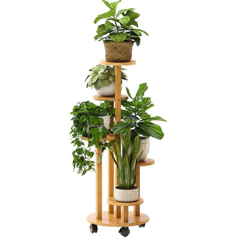 Latitude Run Indoor Plant Stand With Wheels 5 Tiered Bamboo Plant