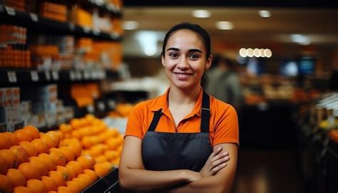 smiling asian woman shop worker  supermarket young food store