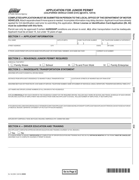 Ca Dmv Form Dl 120 Application For Junior Permit Forms Docs 2023