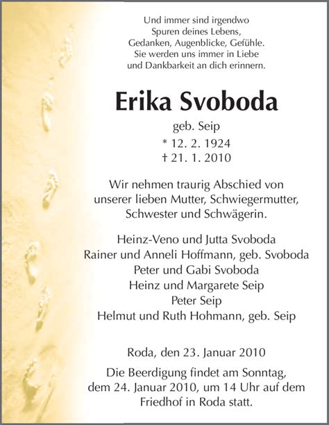 Traueranzeigen Von Erika Svoboda Trauer HNA De