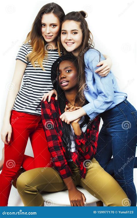 Diverse Multi Nation Girls Group Teenage Friends Company Cheerful