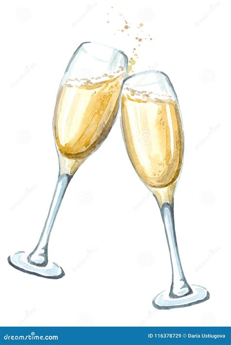 Two Glasses Of Champagne In Toasting Watercolor Hand Drawn