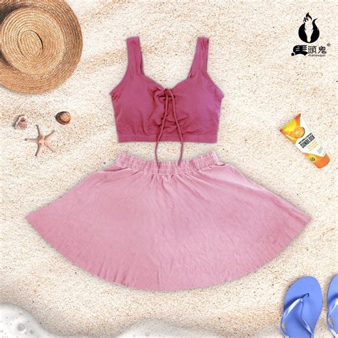Baju Renang Sexy Two Peach Rok Hot Spring Model Bikini Korea Simple Look 8921 Fesyen Wanita