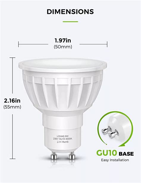 Lohas 6w Gu10 Led Bulbs 6000k Day White Non Dimmable 500lm 10 Pack