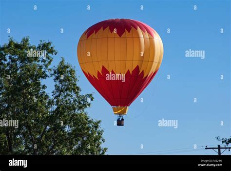 colorful hot air balloon descending by a tree Stock Photo - Alamy