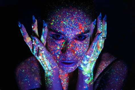 Model Woman In Neon Light Beautiful Model Girl With Fluorescent Makeup Art Design Of Disco