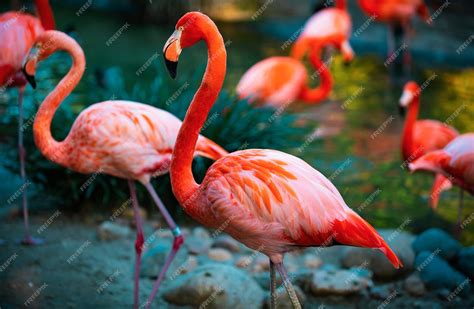 Premium Photo Beautiful Flamingos Walking In The Water With Green Grasses Background American