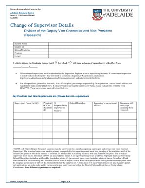 Fillable Online Adelaide Edu Change Of Supervisor Details University