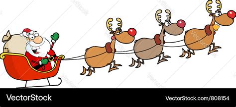 Team Of Reindeer And Santa In His Sleigh Flying Vector Image