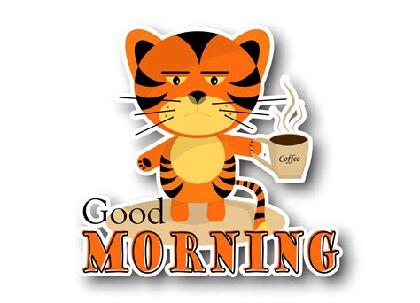 Sticker Tiger Boy With Cup Of Coffee And Good Morning Text On White