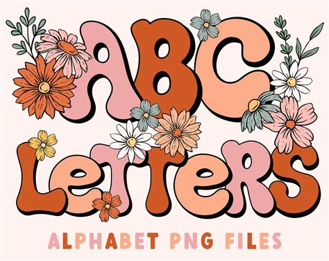 Boho Floral Retro Alphabet Set With Clipart PNG Files Retro Doodle