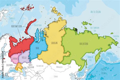 Vector Illustrated Map Of Russia With Regions Or Federal Districts And