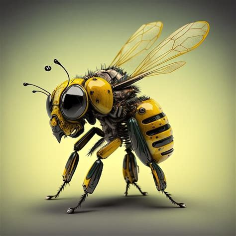 Ilustración 3d de una abeja robot mecánica negra y amarilla en una luz