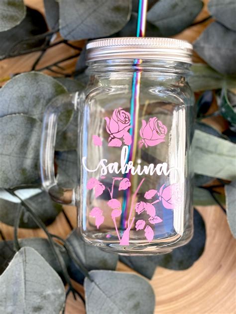 Mason Jar Coffee Mug Rose Design Iced Drinks Personalized Etsy