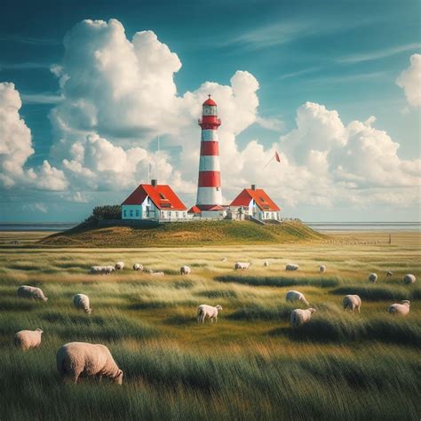 Premium Photo Westerheversand Lighthouse In The Grass Field