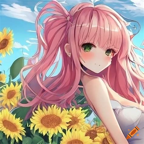 Cute Anime Girl With Pink Hair Wearing A White Dress And Holding Sunflower