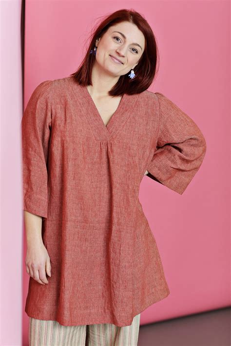 Red Linen Tunic With V Neck McVERDI Summer New In 100 Linen