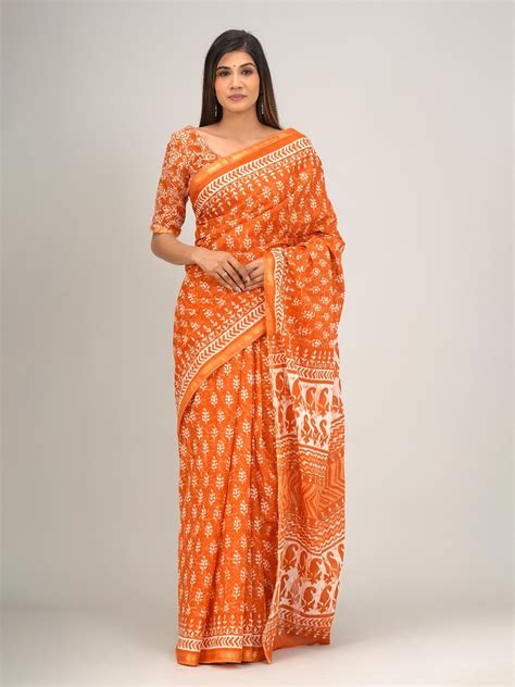 Buy Tropwear Ethnic Motifs Zari Pure Cotton Block Print Saree Sarees