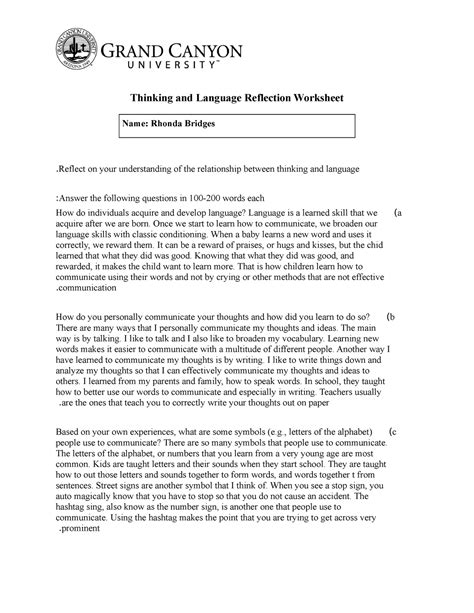 Phi T Thinkingand Language Reflection Worksheet Thinking