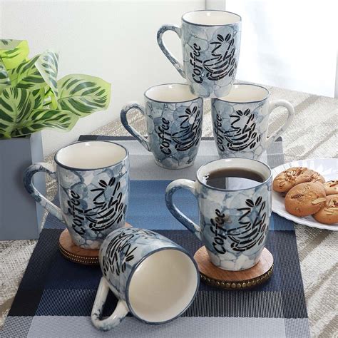 Blue & Black Designer Glossy Tea Cups Set Of 6 - WallMantra