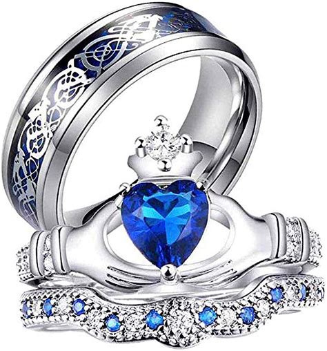 Amazon Aonew His And Hers Couple Rings Bridal Sets Heart Blue Cz