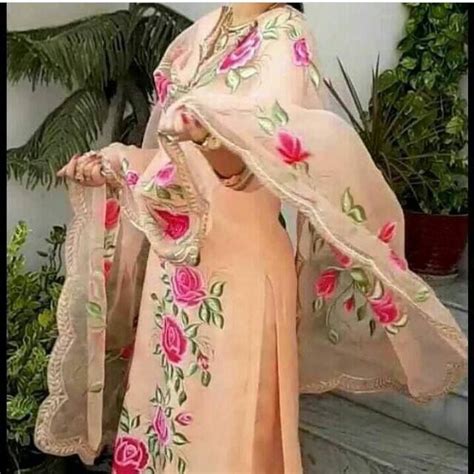 Hand Paint Punjabi Suit On Pure Fabric With Embroidery Combination