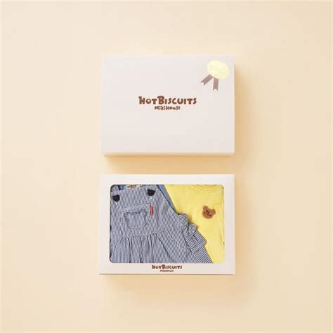 ミキハウス 出産祝い 内祝い ストライプ柄 ジャンパースカートワンポイント半袖TシャツセットBOX付き 黄 cm cm cm ホットビスケッツ HOT BISCUITS