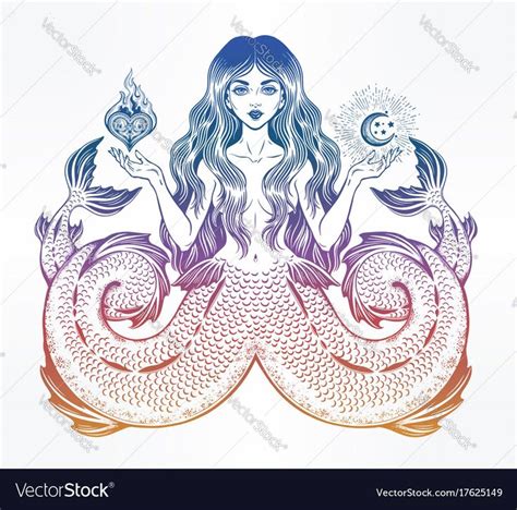 Hand Drawn Artwork Alchemy Melusine Siren Twin Tailed Mermaid Girl