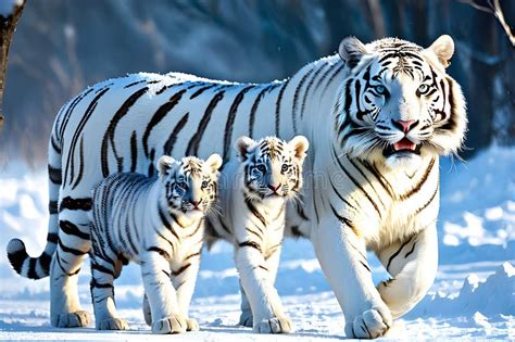 Majestic View of a Tiger and a Tiger Cub, a Fierce and Beautiful White ...