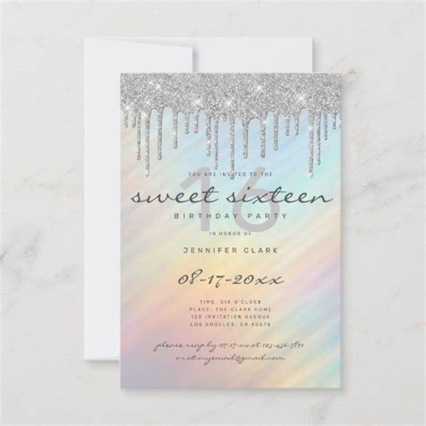 Silver Glitter Drips Rainbow Holographic Sweet 16 Invitation Zazzle