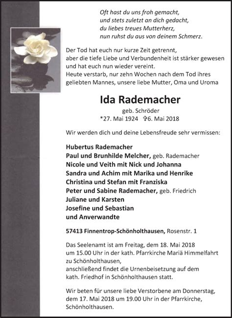 Traueranzeigen Von Ida Rademacher Trauer In NRW De