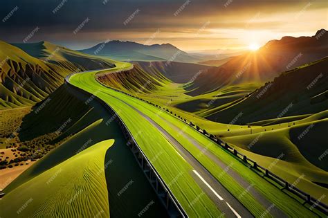 Premium AI Image | A highway with a sunset in the background