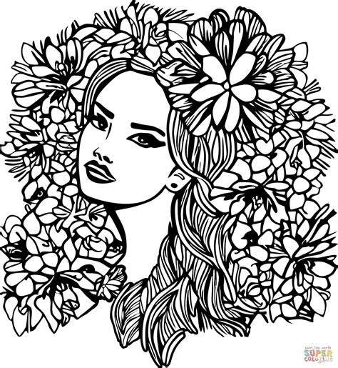 Young Woman with Flowers in Her Hair coloring page | Free Printable Coloring Pages