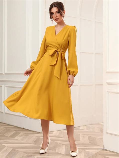 SHEIN Modely Surplice Neck Bishop Sleeve Belted Dress SHEIN USA