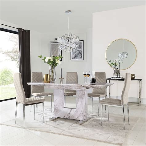 Florence Extending Dining Table And 6 Renzo Chairs Grey Marble Effect Champagne Classic Velvet