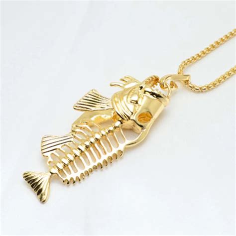 Punk Men S Fish Bone Pendant Necklace Stainless Steel Men Black