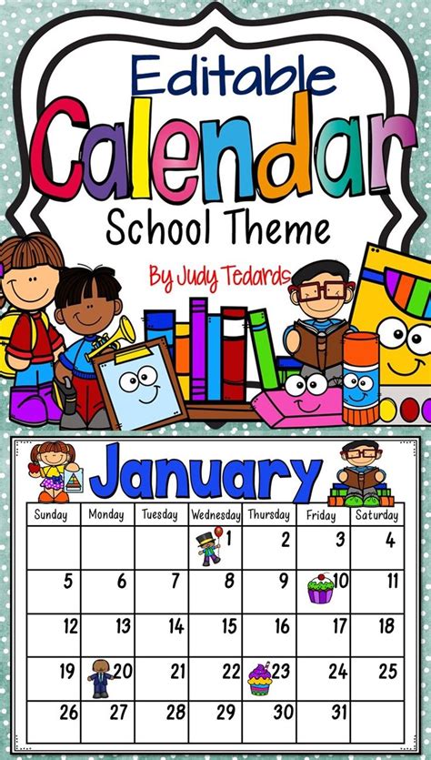 Editable Monthly Calendar (School Theme) | School calendar, School ...