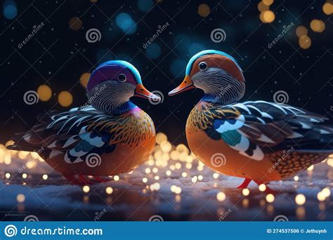 Festive Of Couple Mandarin Duck Covered In Glowing Lights In A Winter