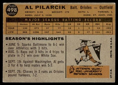 1960 Topps Al Pilarcik Baltimore Orioles 498 EBay