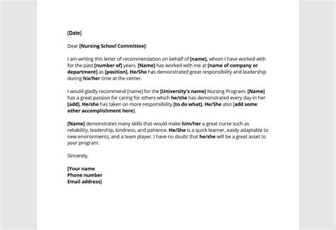 Nursing School Recommendation Letter Template Nursing School