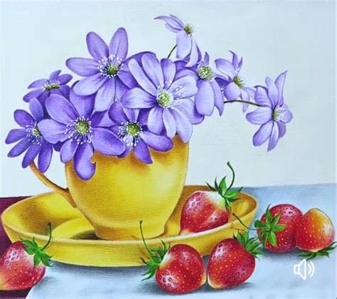 A Painting Of Strawberries And Purple Flowers In A Yellow Cup On A Blue