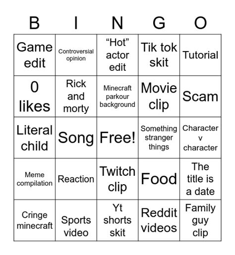 Youtube Shorts Bingo Card